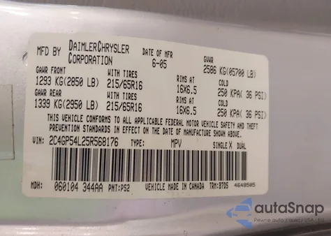 2005 Chrysler Town & Country Touring z USA, uszkodzony, nr VIN 2C4GP54L25R568176